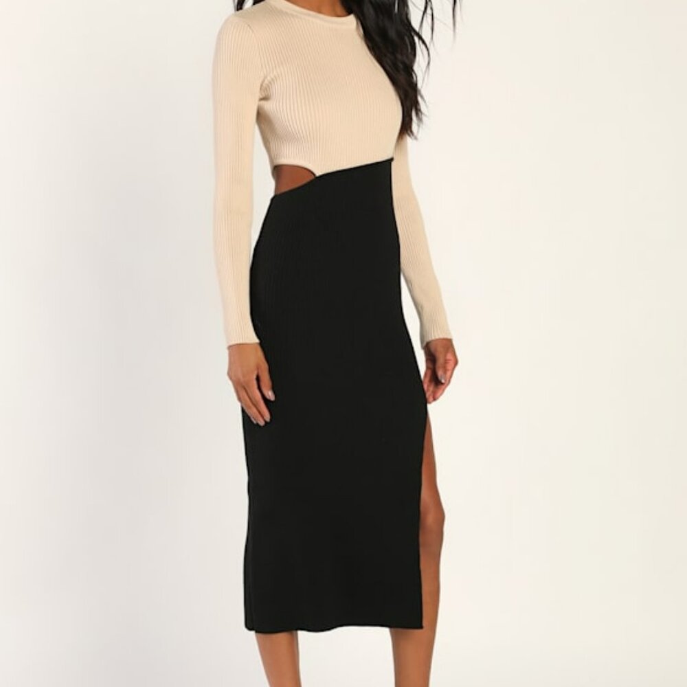 Lulus Cutest Combo Beige And Black Color Block Cutout Sweater Dress - Size M